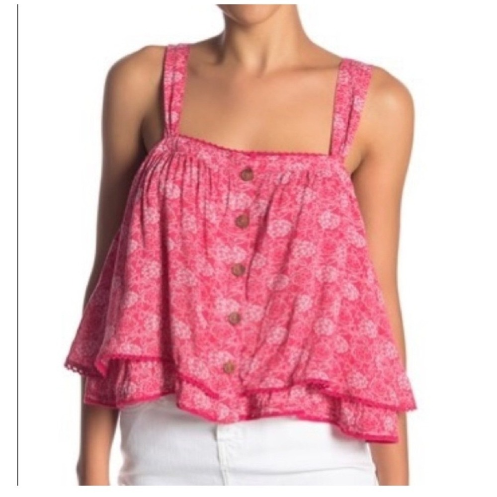 Free People Pink Floral Button Front Camisole Tank Top Crochet Trim Large